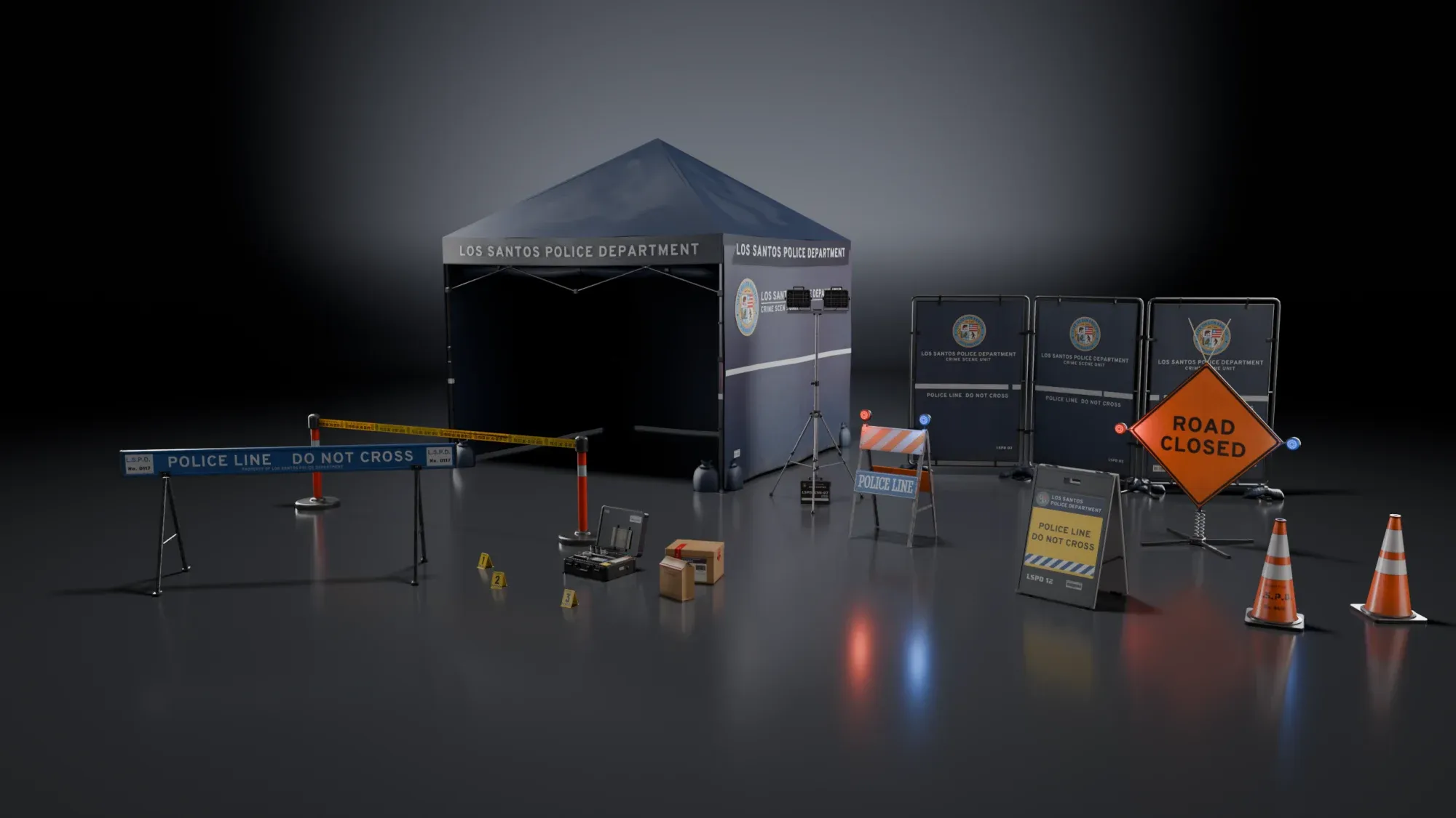 Scène de police : tente LSPD, barrières, paravents, panneau Road Closed, cônes et kit de preuves